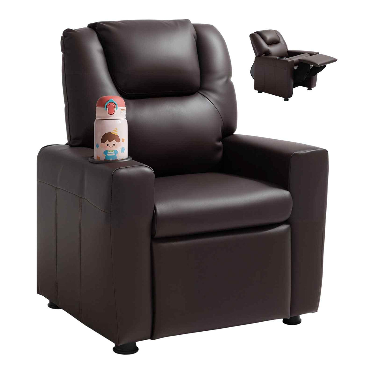 Kids Reclining Chair, Toddler Recliner with Cup Holder, 101° to 121° Adjustable Backrest, Easy-to-Clean PU Leather Recliner Couch with Footrest, 90 lbs Load, for Boys & Girls, Children (Brown)