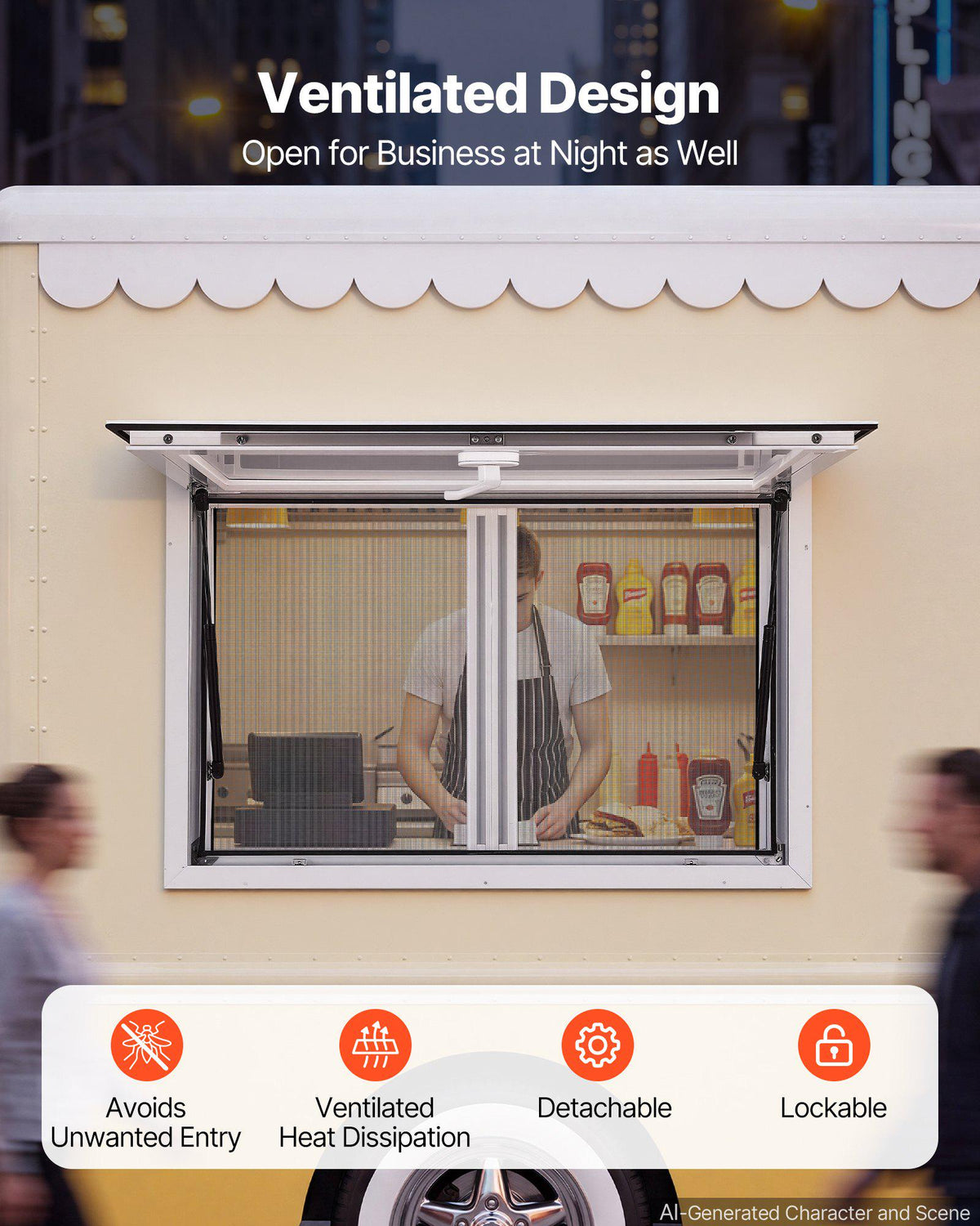 Concession Window 36x24 in Aluminum Alloy & Acrylic Service Window, for Food Truck, Up to 85 Degrees Stand Serving with 2 Sliding Screen Windows, Awning Door and Drag Hook, Rainwater Resistant