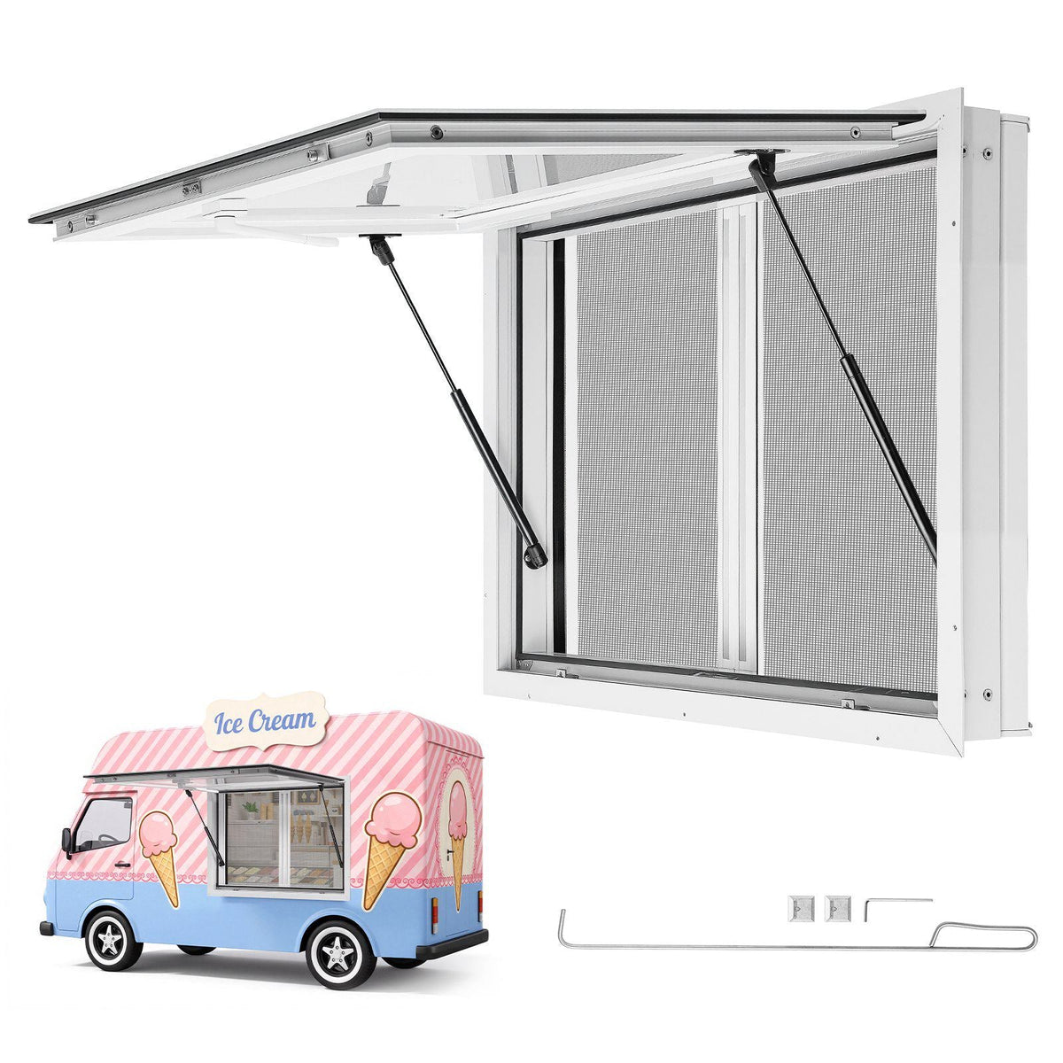 Concession Window 36x24 in Aluminum Alloy & Acrylic Service Window, for Food Truck, Up to 85 Degrees Stand Serving with 2 Sliding Screen Windows, Awning Door and Drag Hook, Rainwater Resistant