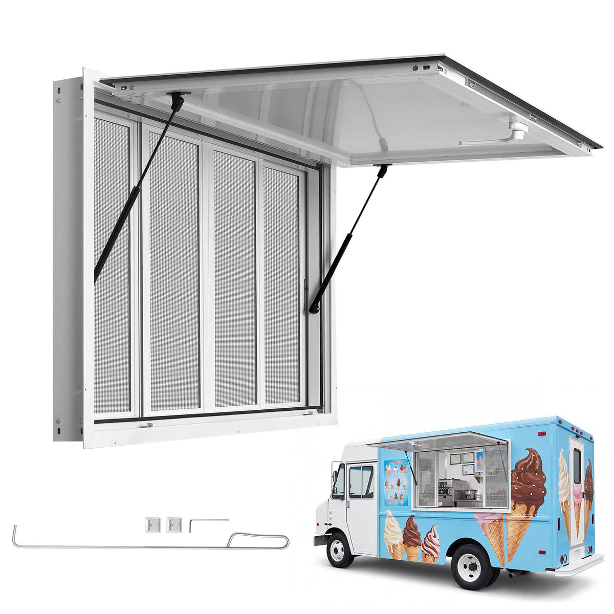 Concession Window 45x30 in Aluminum Alloy Service Window, for Food Truck, Up to 85 Degrees Stand Serving with 4 Sliding Screen Windows, Awning Door and Drag Hook, Rainwater Resistant