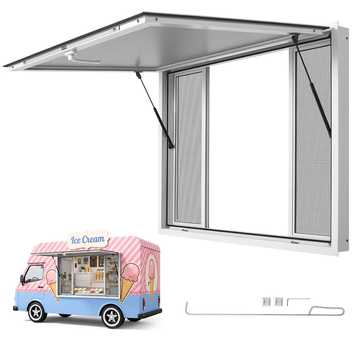 Concession Window 48x36 in Aluminum Alloy Frame Service Window, for Food Truck, Up to 85 Degrees Stand Serving with 4 Sliding Screen Windows, Awning Door and Drag Hook, Rainwater Resistant