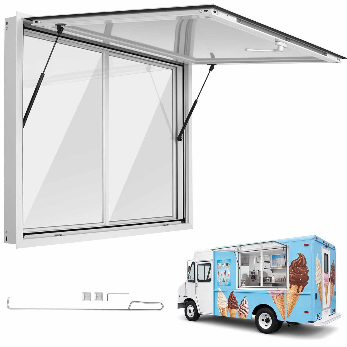 Concession Window 48x36 in Aluminum Alloy Service Window, for Food Truck, Up to 85 Degrees Stand Serving with 2 Sliding Acrylic Windows, Awning Door and Drag Hook, Rainwater Resistant