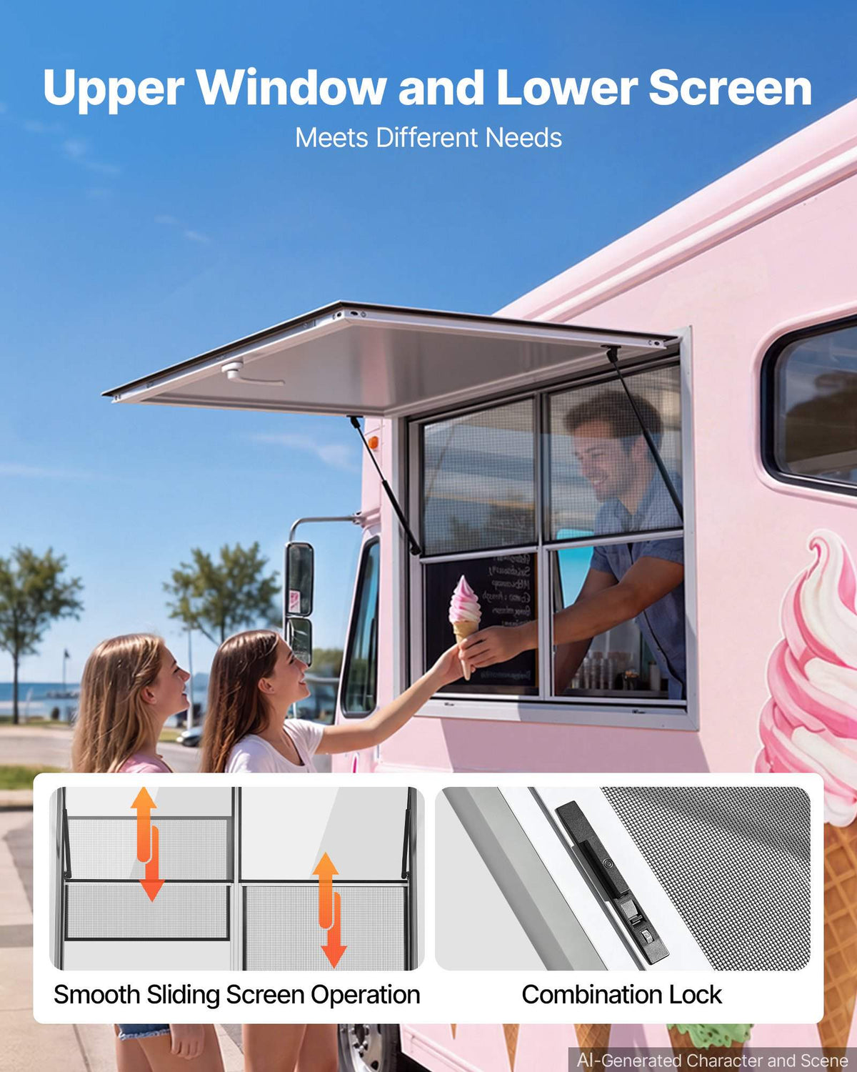 Concession Window 48x36 in Aluminum Alloy Service Window, for Food Truck, Up to 85 Degrees Stand Serving with 2 Fixed & 2 Sliding Windows, Awning Door and Drag Hook, Rainwater Resistant