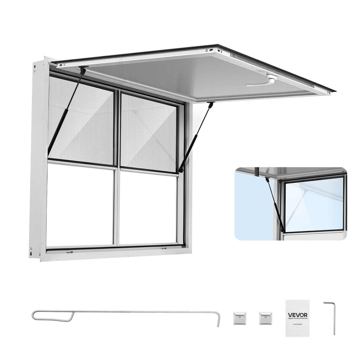 Concession Window 48x36 in Aluminum Alloy Service Window, for Food Truck, Up to 85 Degrees Stand Serving with 2 Fixed & 2 Sliding Windows, Awning Door and Drag Hook, Rainwater Resistant