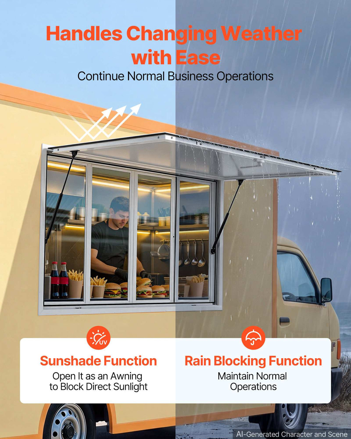 Concession Window 60x36 in Aluminum Alloy Service Window, for Food Truck, Up to 85 Degrees Stand Serving with 4 Sliding Acrylic Windows, Awning Door and Drag Hook, Rainwater Resistant