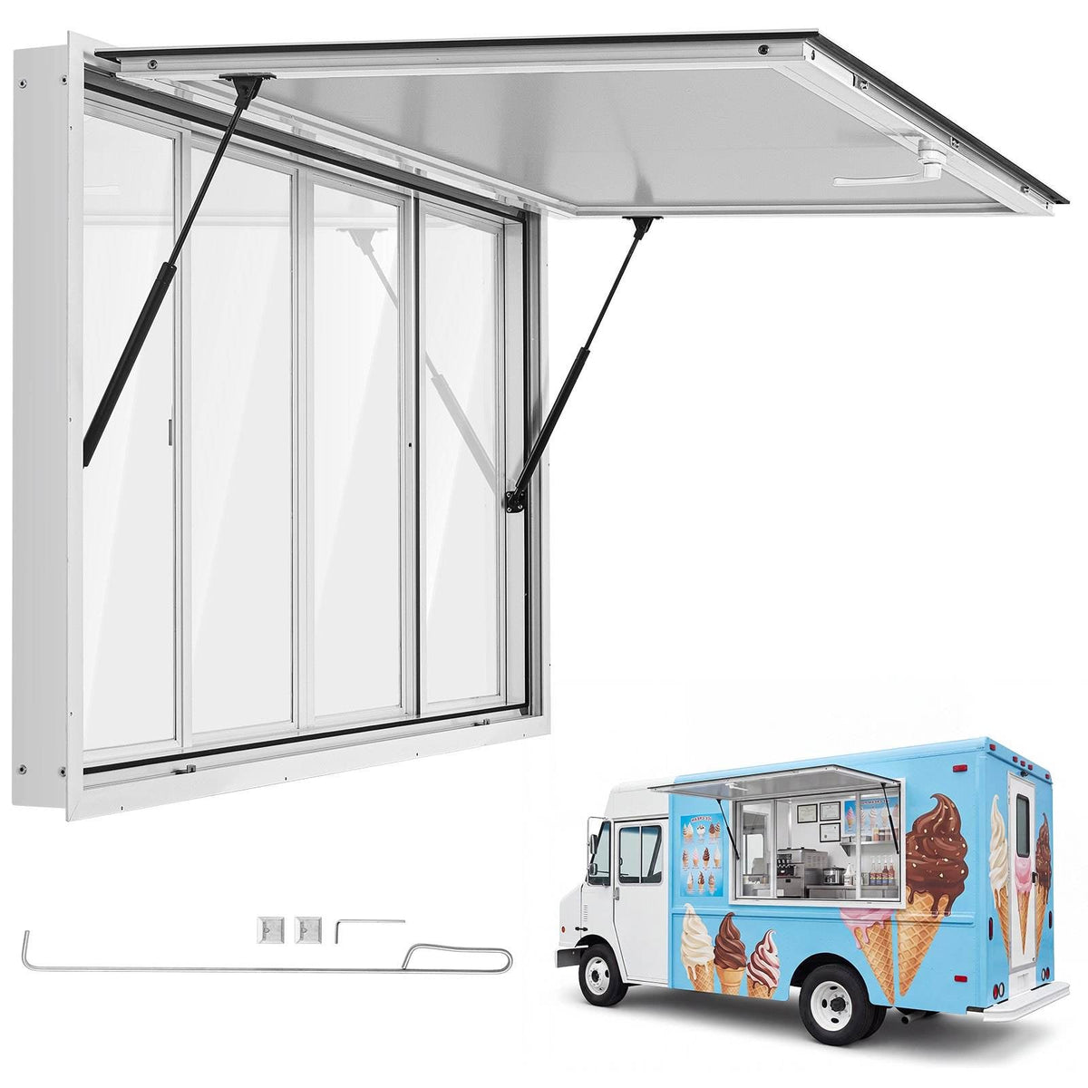 Concession Window 60x36 in Aluminum Alloy Service Window, for Food Truck, Up to 85 Degrees Stand Serving with 4 Sliding Acrylic Windows, Awning Door and Drag Hook, Rainwater Resistant