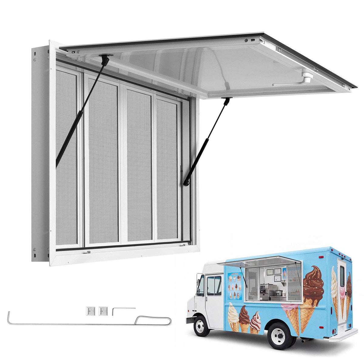 Concession Window 60x36 in Aluminum Alloy Frame Service Window, for Food Truck, Up to 85 Degrees Stand Serving with 4 Sliding Screen Windows, Awning Door and Drag Hook, Rainwater Resistant