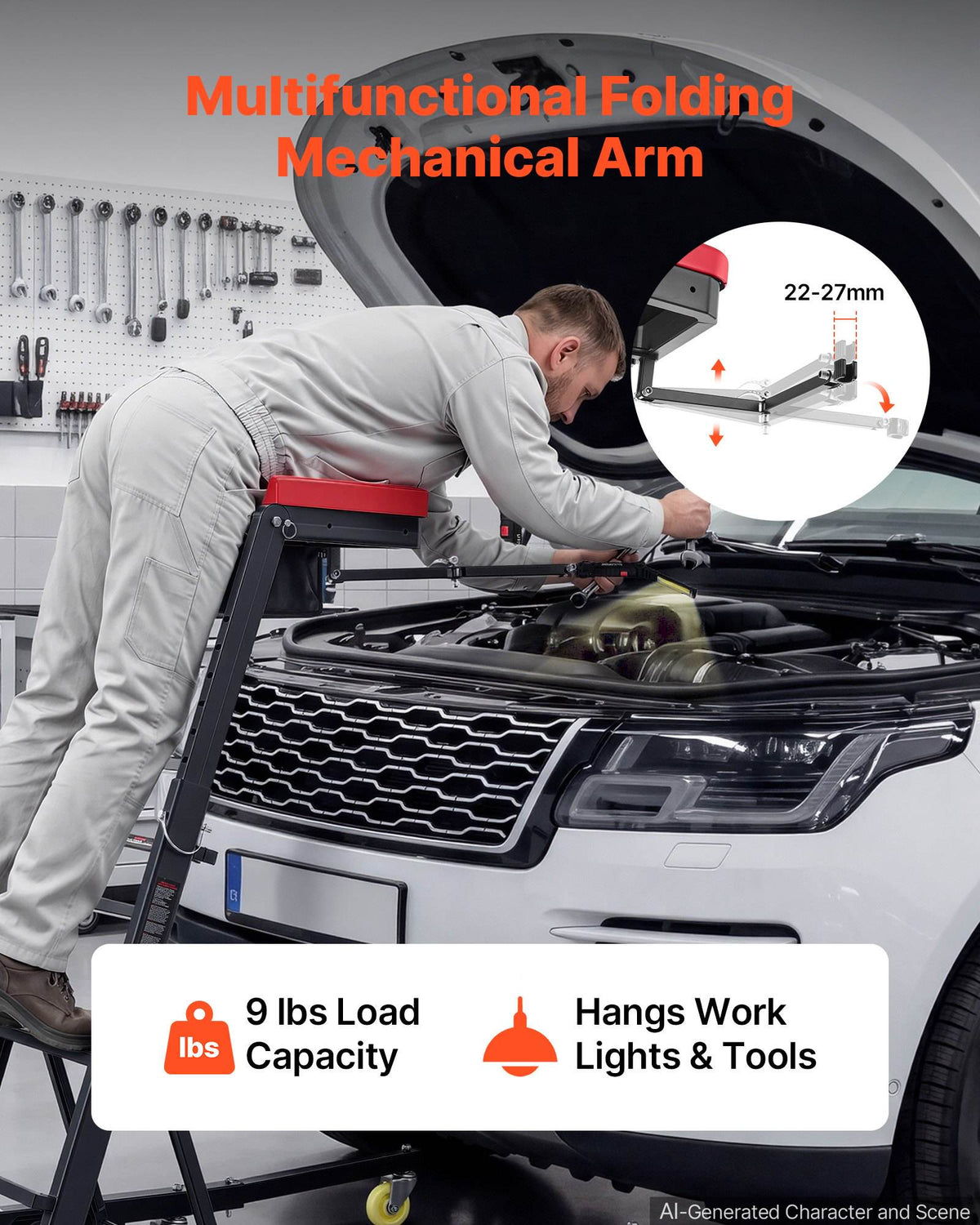 Top Automotive Creeper 48"-64" Adjustable with Folding Mechanical Arm, Foldable High Top Engine Creeper, 400LBS Heavy-Duty Support, Stable H-Shaped Base, 6-Wheel Smooth Rolling for Auto Repair