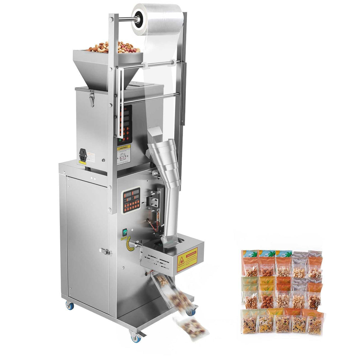Powder Filling and Sealing Machine, 3-200g(0.01-0.44lbs) Automatic Particle Granule Packaging Machine, Stainless Steel, Weighing Filling Sealing, for Coffee Beans, Grains, Tea, Spices, Silver