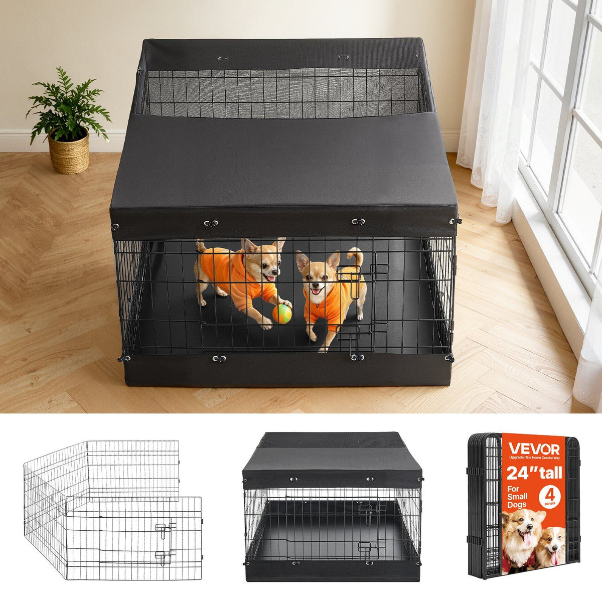 Dog Playpen 24 Inch 4 Panels Exercise Pen with Top Cover & Bottom Pad, Indoor Foldable Metal Pet Fence with Door, Heavy Duty Puppy Crate Kennel Pen for Dogs, Cats, and Other Small Animals, Black