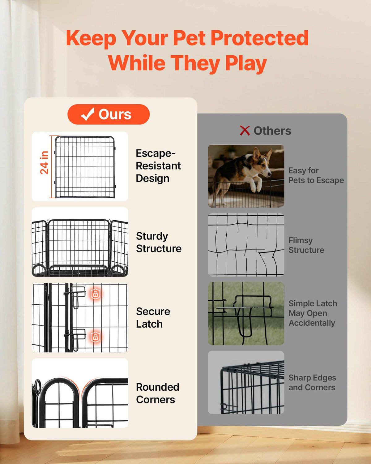 Dog Playpen 24 Inch 8 Panels Foldable Exercise Pen with Bottom Pad, Indoor Metal Pet Fence with Door, Heavy Duty Puppy Crate Kennel, Pet Playpen for Dogs, Cats, and Other Small Animals, Black