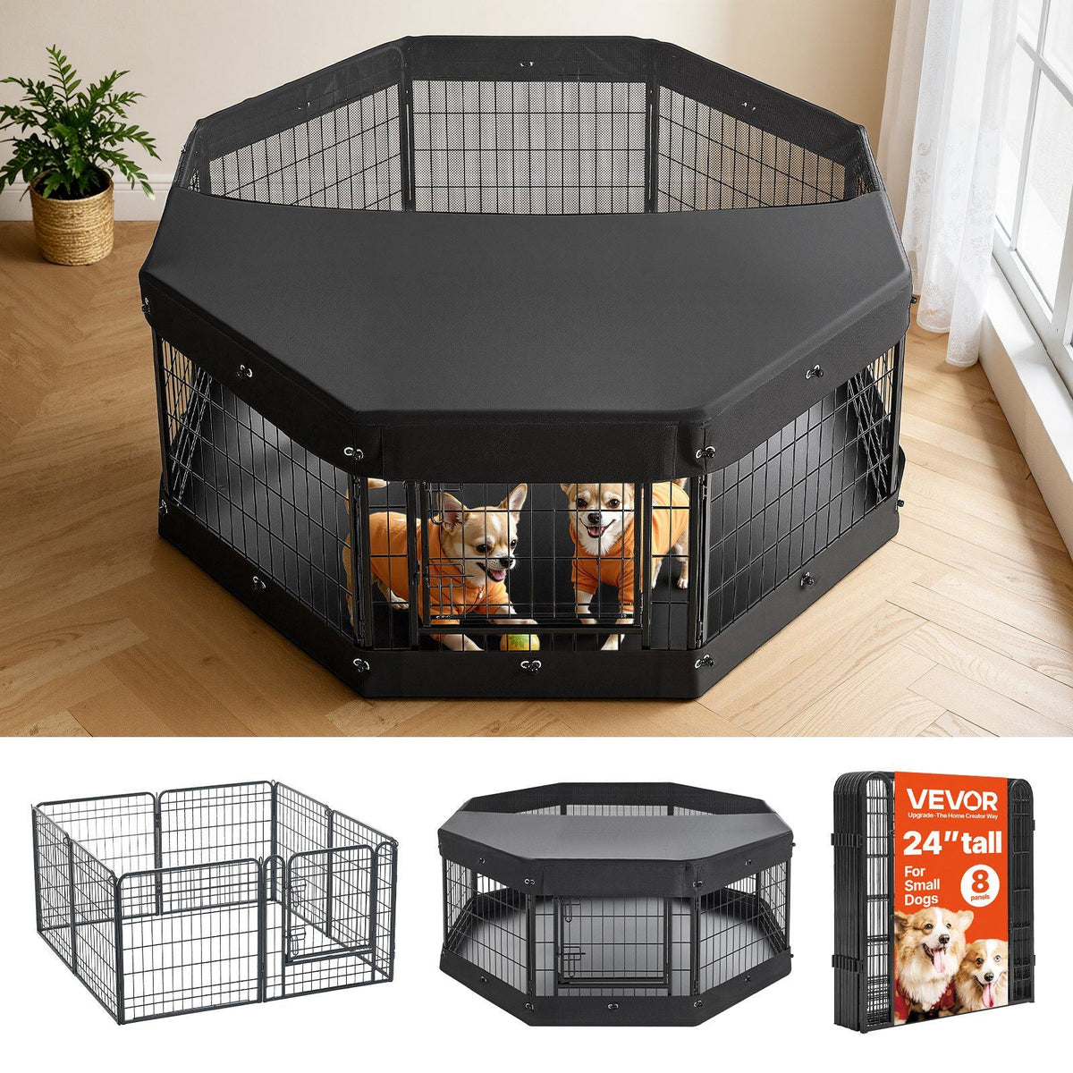 Dog Playpen 24 Inch 8 Panels Heavy Duty with Top Cover & Bottom Pad, Indoor Foldable Metal Exercise Pen Pet Fence with Door, Puppy Crate Kennel Pen for Dogs, Cats, and Other Small Animals, Black