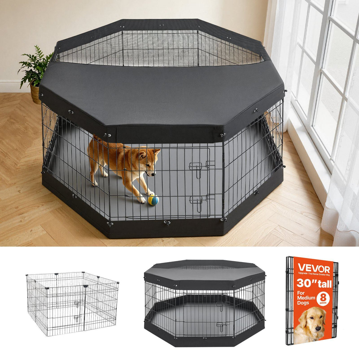 Dog Playpen 30 Inch 8 Panels Exercise Pen with Top Cover & Bottom Pad, Indoor Foldable Metal Pet Fence with Door, Heavy Duty Puppy Crate Kennel Pen for Dogs, Cats, and Other Small Animals, Black