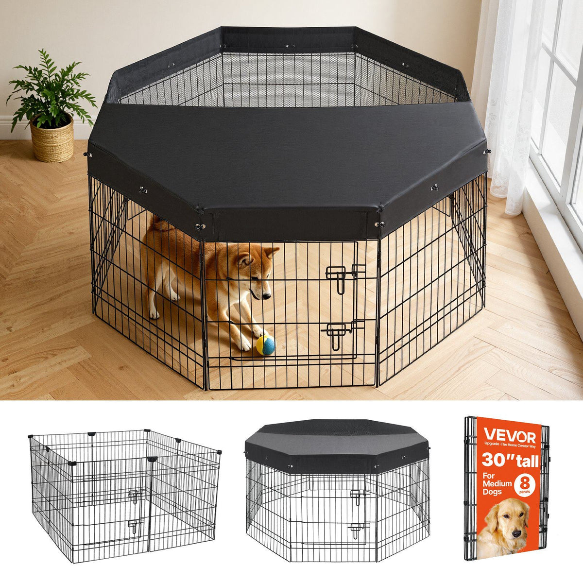 Dog Playpen 30 Inch 8 Panels Foldable Exercise Pen with Top Cover, Indoor Metal Pet Fence with Door, Heavy Duty Puppy Crate Kennel, Pet Playpen for Dogs, Cats, and Other Small Animals, Black