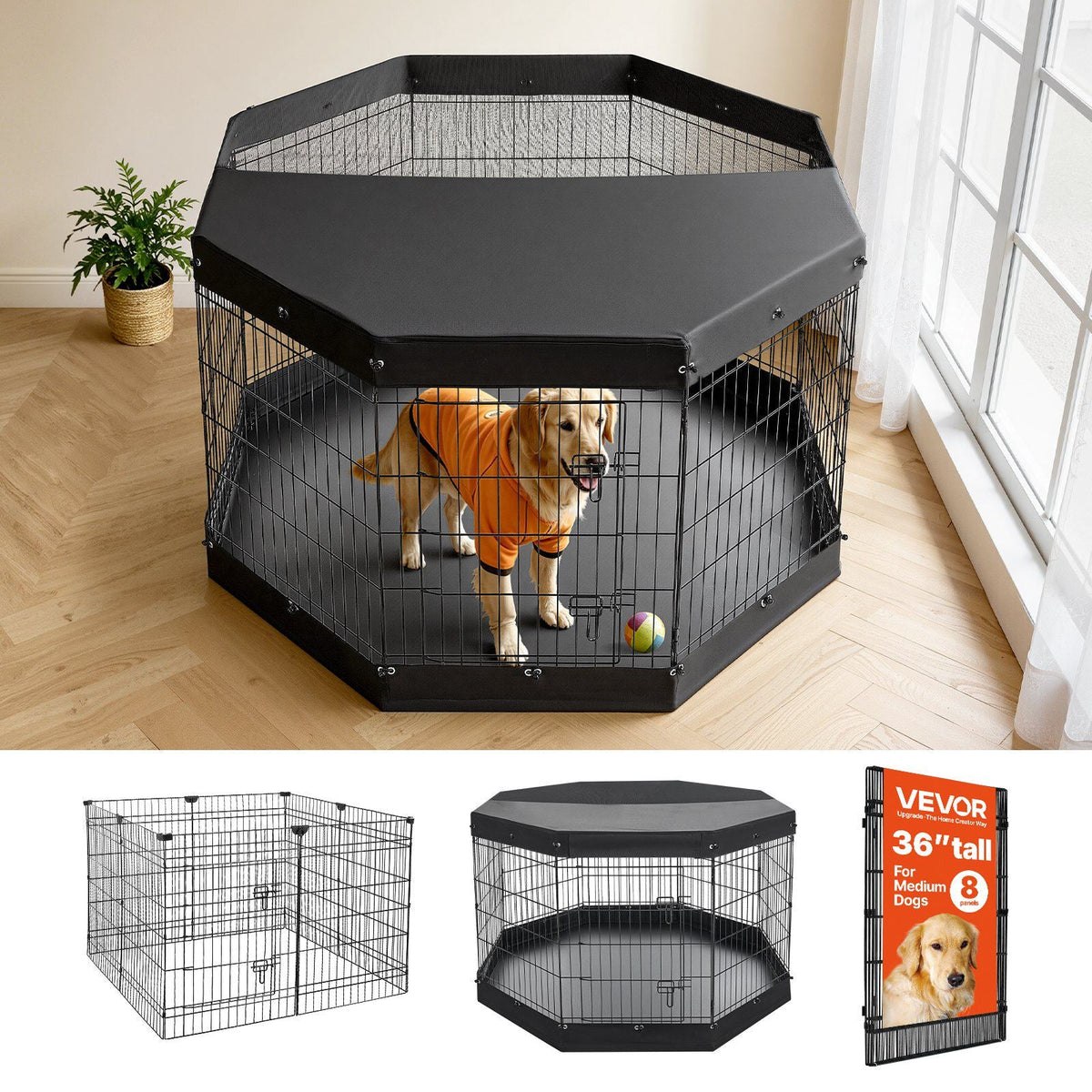 Dog Playpen 36 Inch 8 Panels Exercise Pen with Top Cover & Bottom Pad, Indoor Foldable Metal Pet Fence with Door, Heavy Duty Puppy Crate Kennel Pen for Dogs, Cats, and Other Small Animals, Black