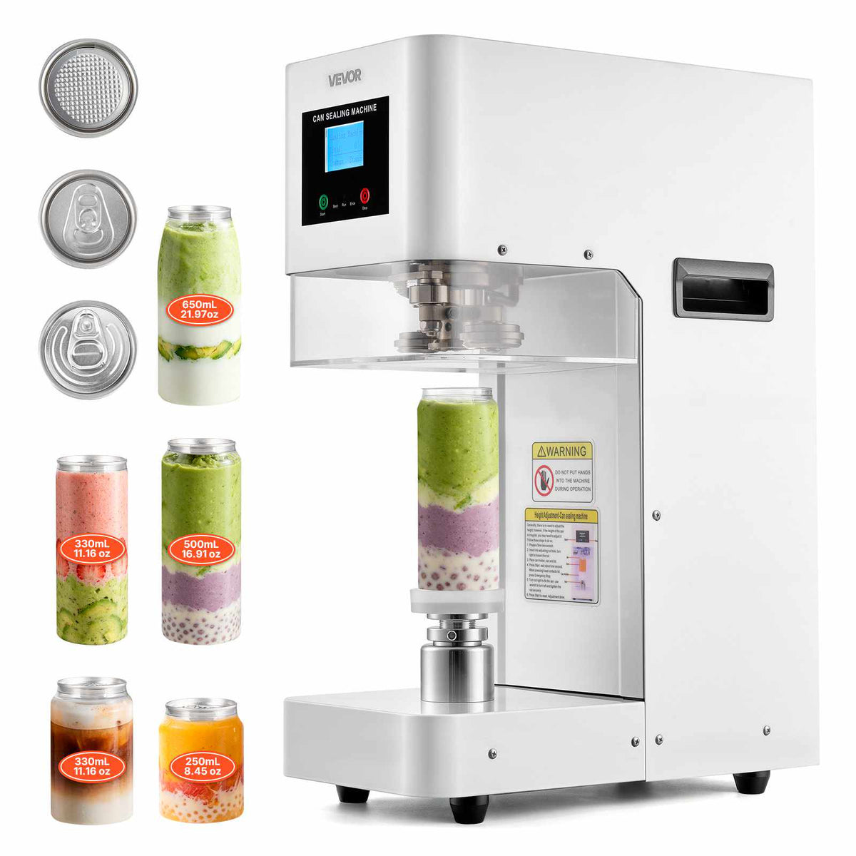 Can Sealer Machine, Automatic Commercial Soda Can Sealing Machine for 2.17 in (55 mm) Aluminum and Plastic Cans, Height Adjustable, Steel Housing Beverage Drink Seamer, for Coffee Shop, White