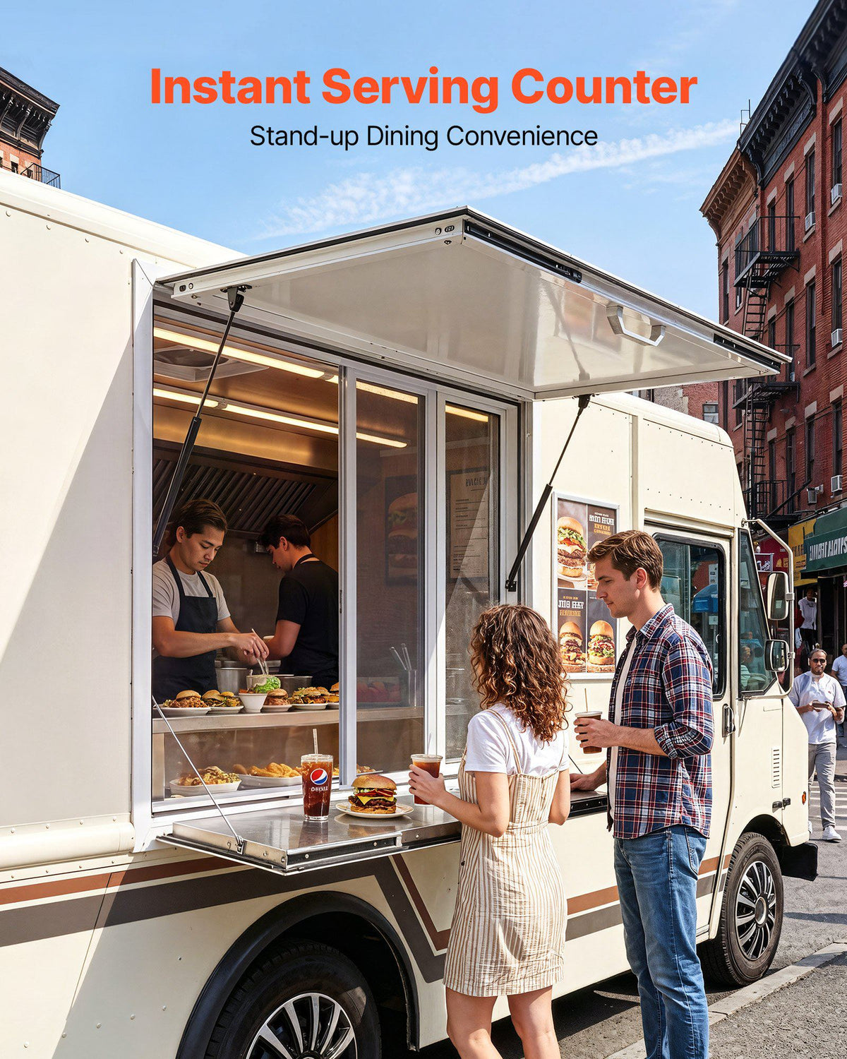 Concession Window Folding Shelf 36x36in Aluminum Alloy Service Window, for Food Truck, Up to 85 Degrees, with 4 Sliding Screen Windows, Awning Door and Drag Hook, Rainwater Resistant