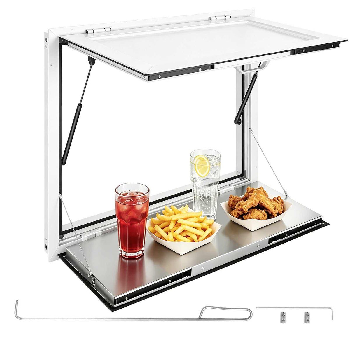 Concession Window Folding Shelf 36x36in Aluminum Alloy Service Window, for Food Truck, Up to 85 Degrees, with Awning Door and Drag Hook, Rainwater Resistant