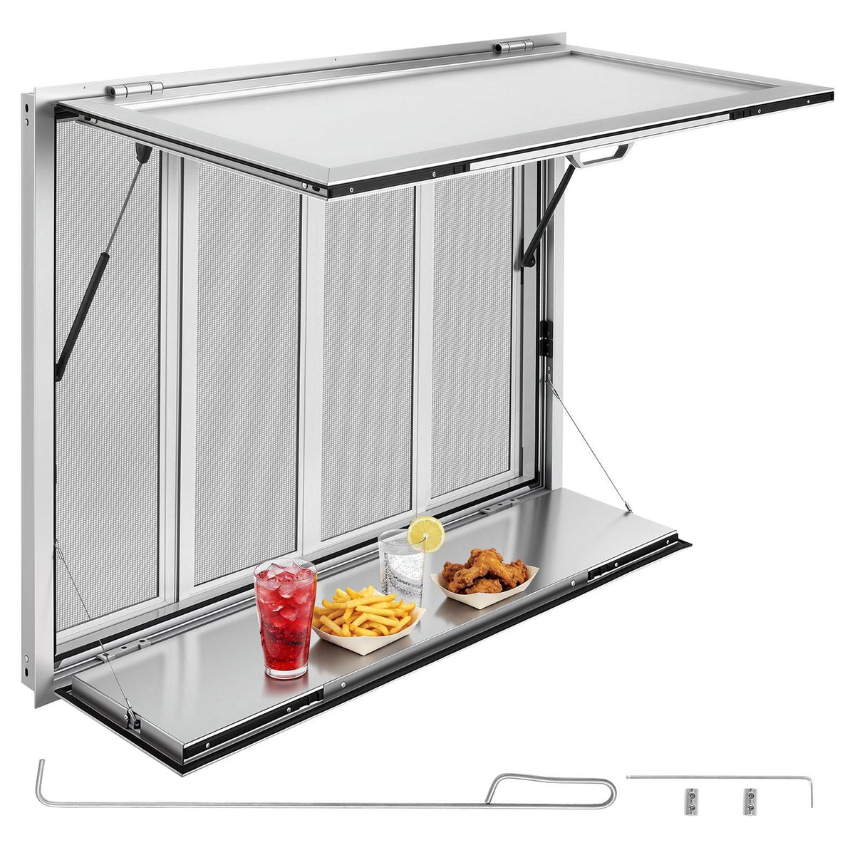 Concession Window Folding Shelf 48x36in Aluminum Alloy Service Window, for Food Truck, Up to 85 Degrees, with 4 Sliding Screen Windows, Awning Door and Drag Hook, Rainwater Resistant