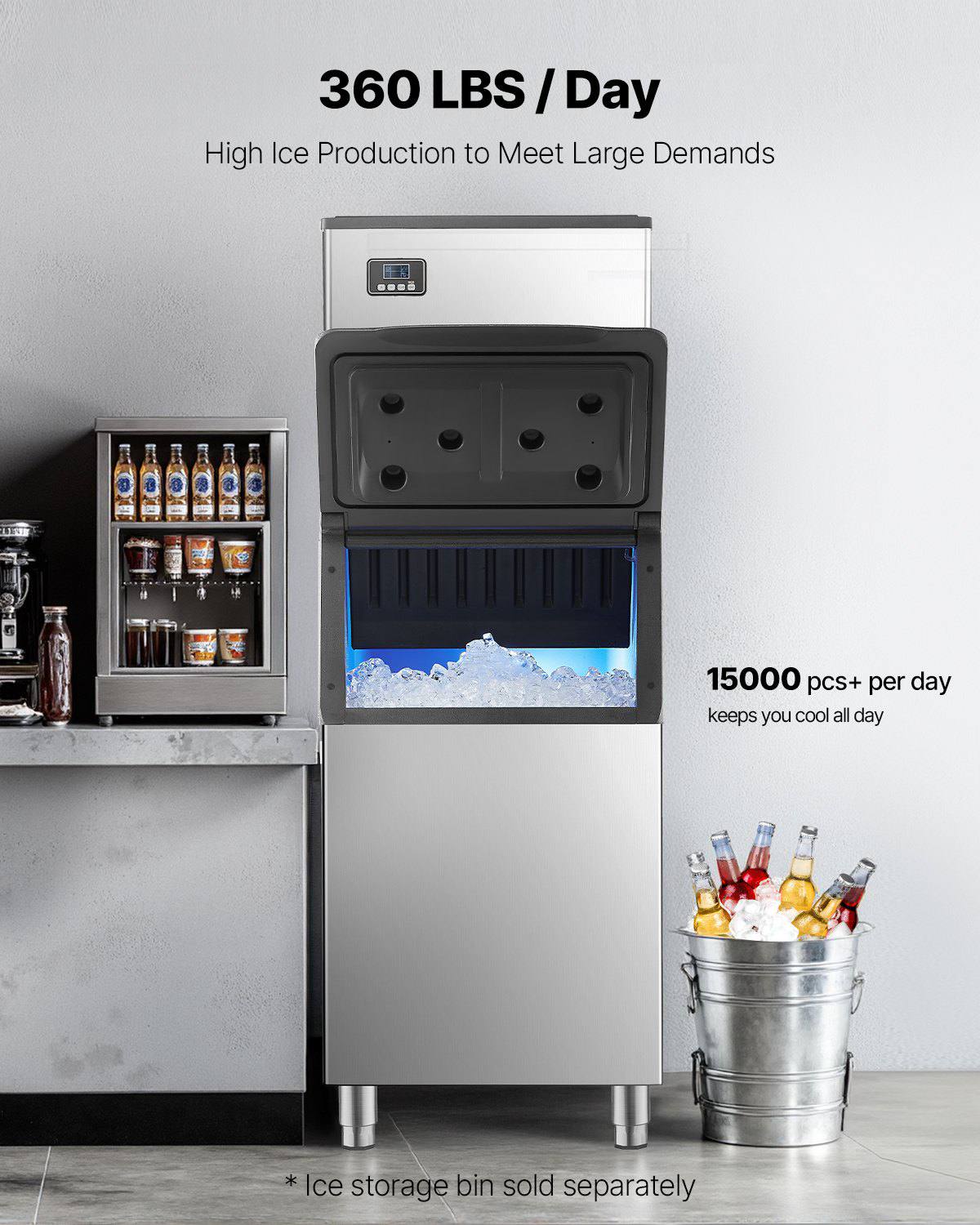 Commercial Ice Maker Machine - Head, 360 Lbs/Day Stainless Steel Ice Machine with Self-Cleaning, Scheduled Ice-Making, Adjustable Thickness, Ideal for Restaurant Bar Cafe Hotel - Head Only