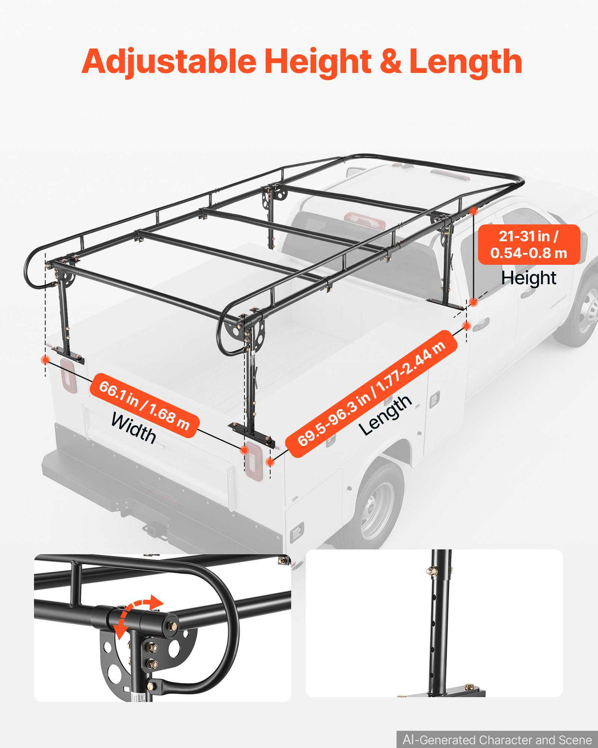 Service Body Truck Ladder Rack 1000LBS Capacity Over-Cab Trucks Rack, 21"-31" Height Adjustable, Fit Single/Dual Rear Wheel Utility Truck, Heavy Duty Steel Support for Kayak Surfboard Lumber