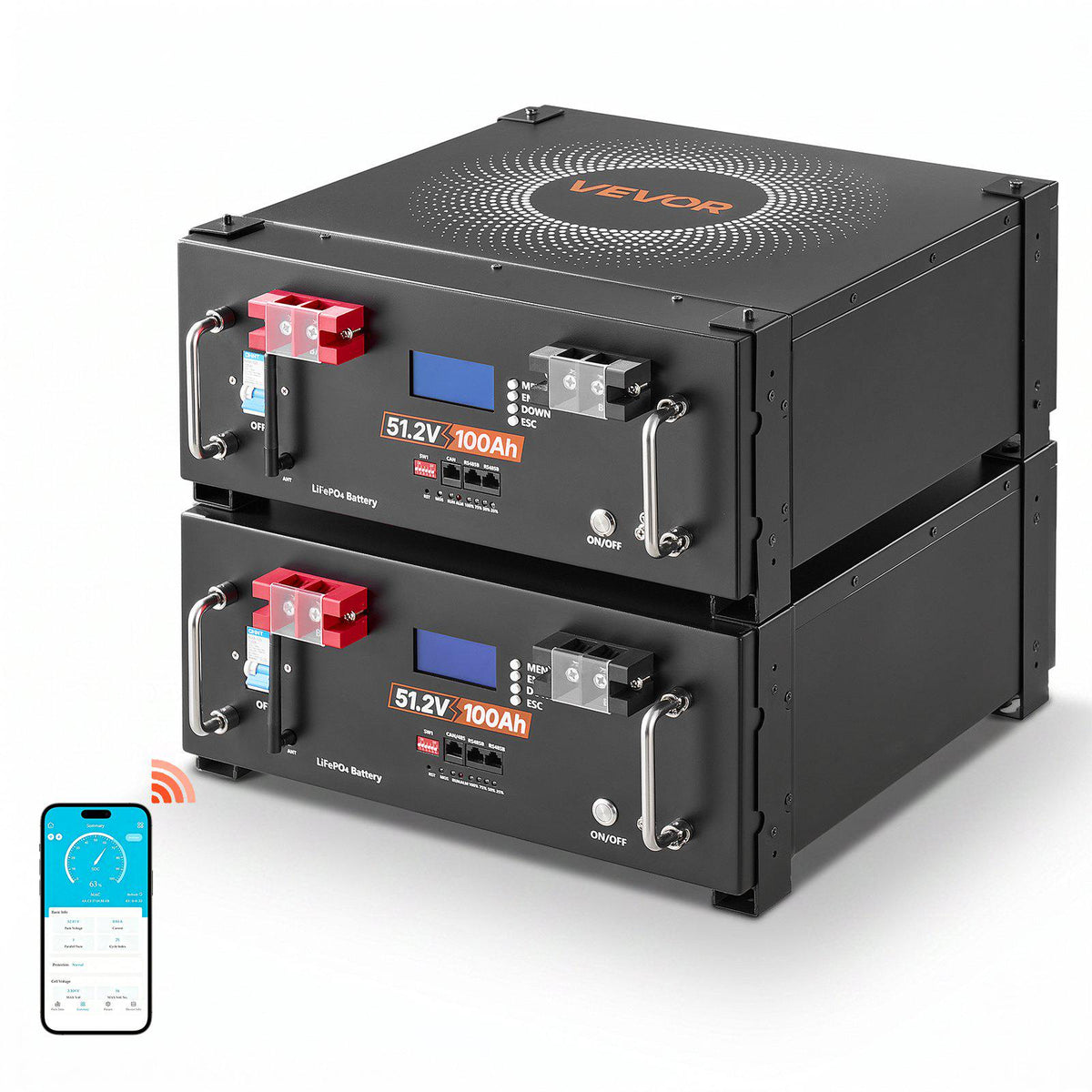 48V 100Ah LiFePO4 Lithium Battery, Built-in 100A BMS, 51.2V Server Rack LiFePO4 Battery with Bluetooth & Display, 5120Wh Capacity, 6000 Cycles, for Solar Energy Storage Home Backup Power, 2 Pack