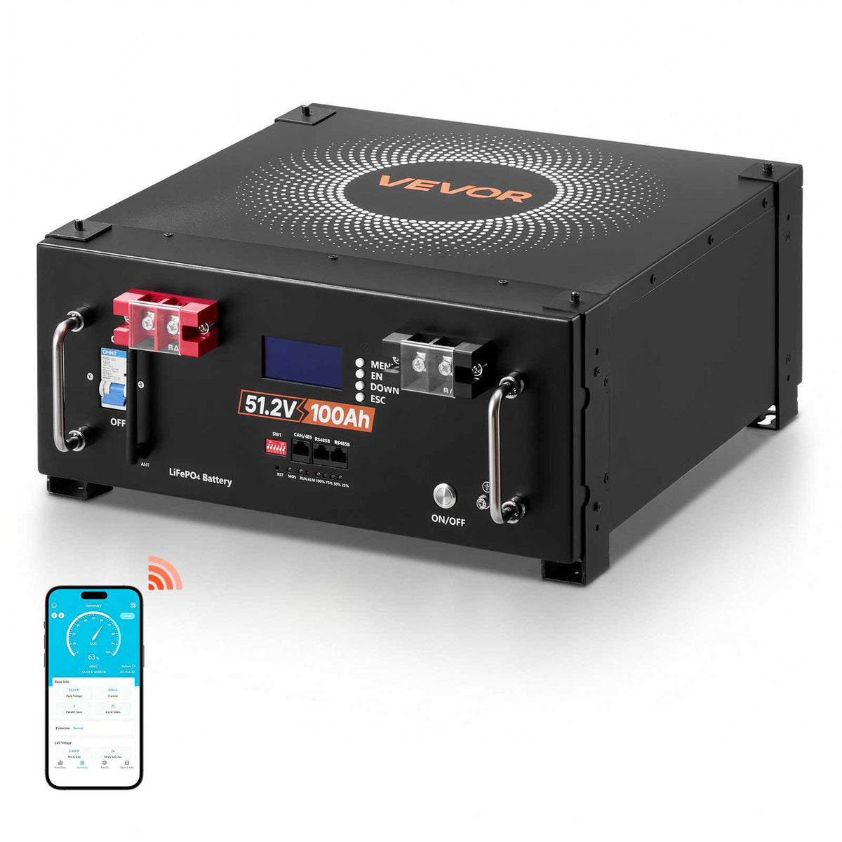 48V 100Ah LiFePO4 Lithium Battery, Built-in 100A BMS, 51.2V Server Rack LiFePO4 Battery with Bluetooth, 5120Wh Capacity, 6000 Cycles, LCD Display, for Solar Energy Storage Home Backup Power