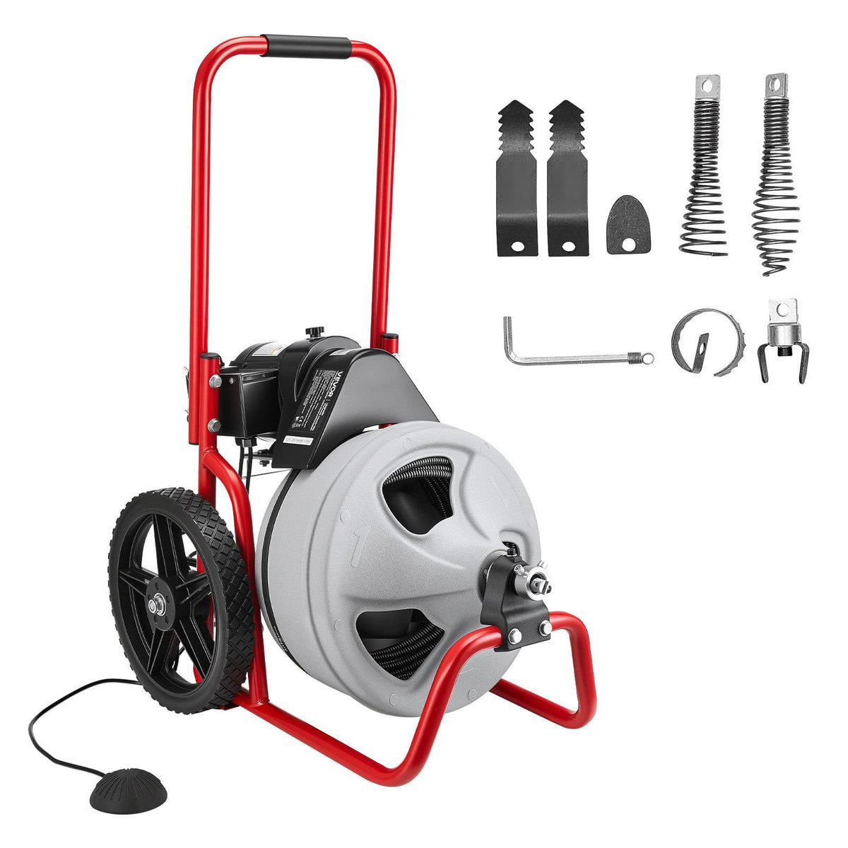 Drain Cleaner Machine 75 FT x 3/8 Inch, Sewer Snake Auger Manual Feed on Wheels, Portable Drain Cleaning Machine with 6 Cutters & Air-activated Foot Switch for 2" to 4" Pipes