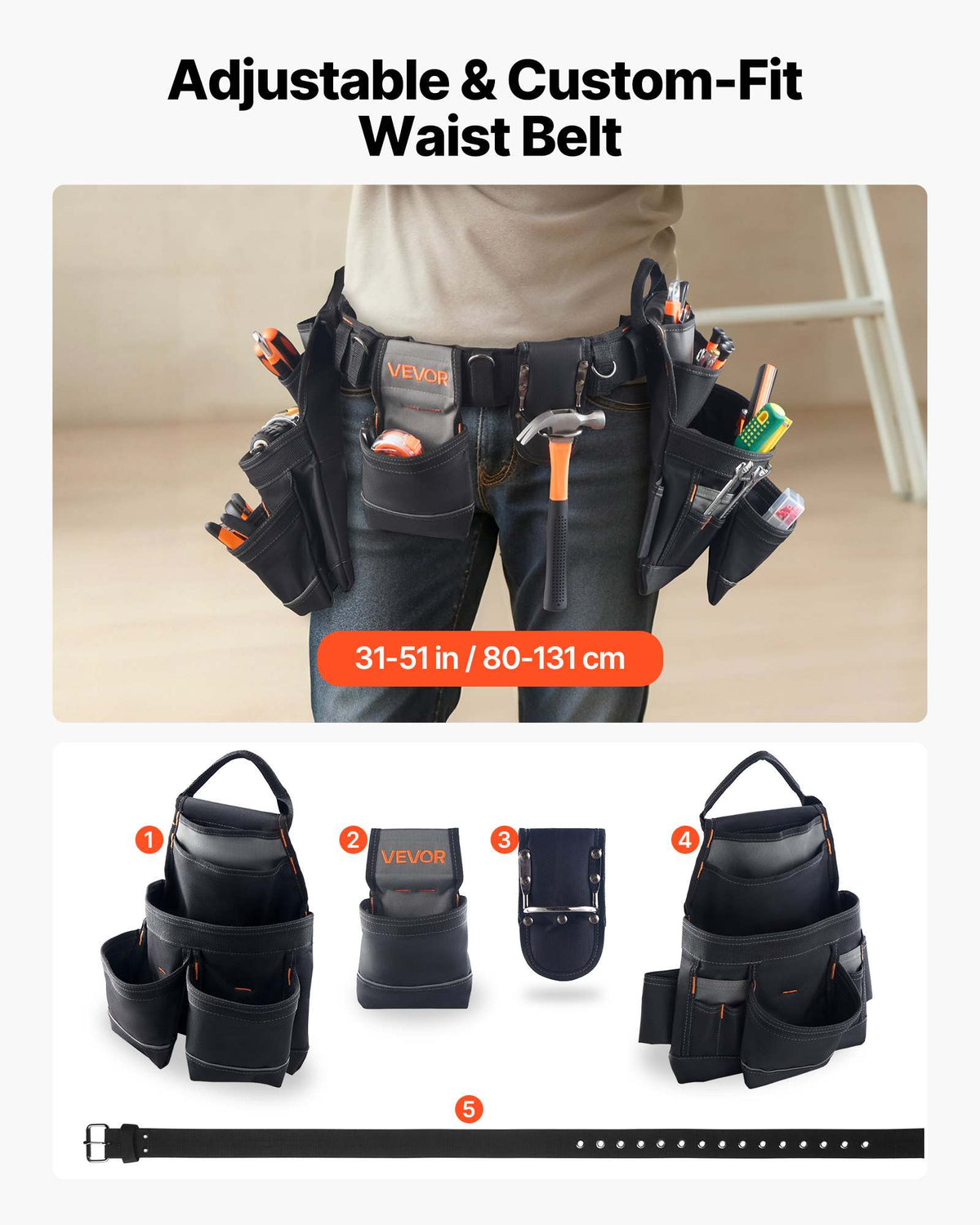 Tool Belt, 18 Pockets Professional Tool Pouch for Men, Heavy Duty Adjustable Utility Belt Detachable Work Bag for Electrician, Carpenter, Construction, Work Apron Organizer, Adjusts 31in to 51in