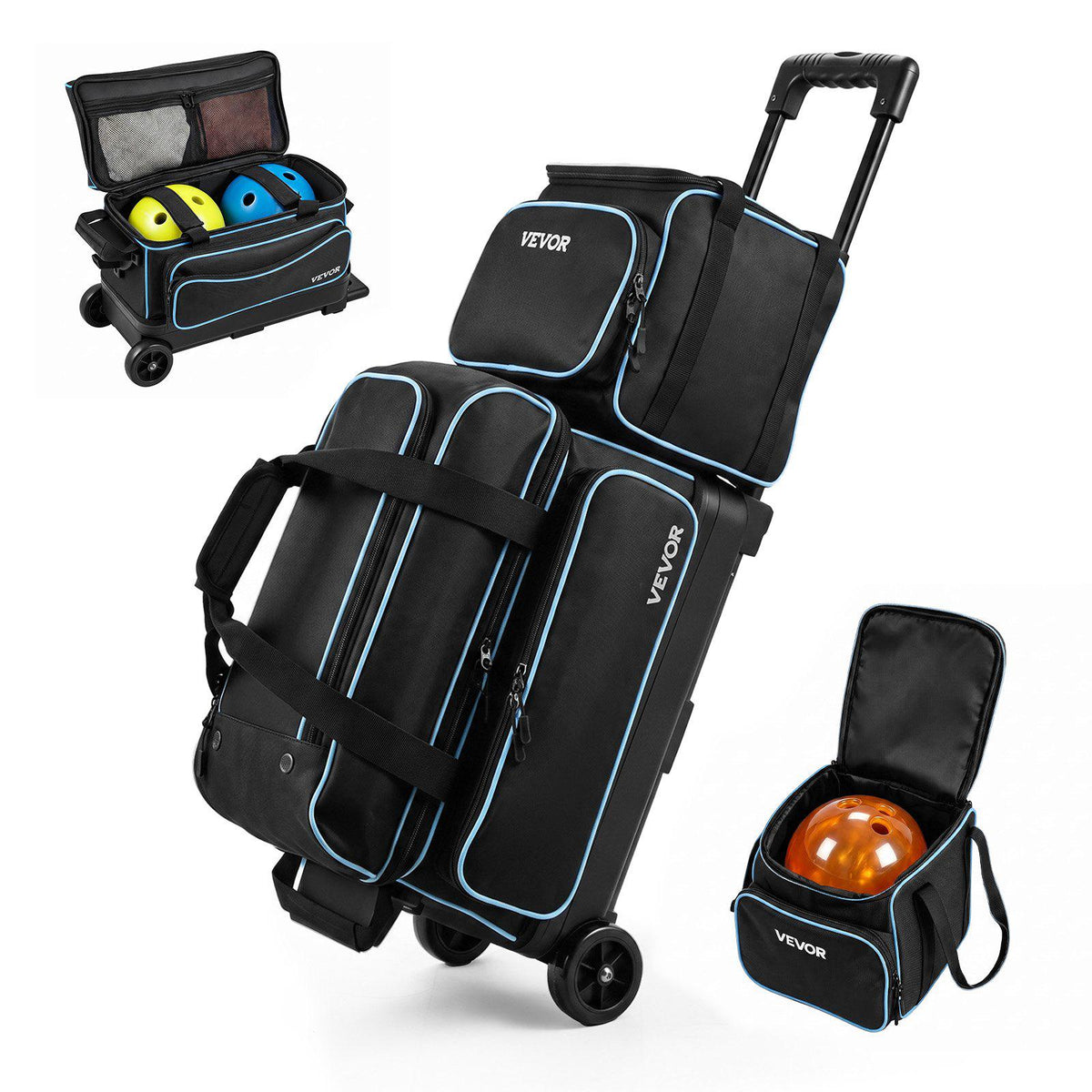 3 Ball Bowling Bag Double Roller Bag with Separate Shoe Compartment, for Bowling Shoes (Up To US Men Size 16), Rolling Ball Bag w/ Wheel, Accessory Pocket, Retractable Handle Extends to 40 in