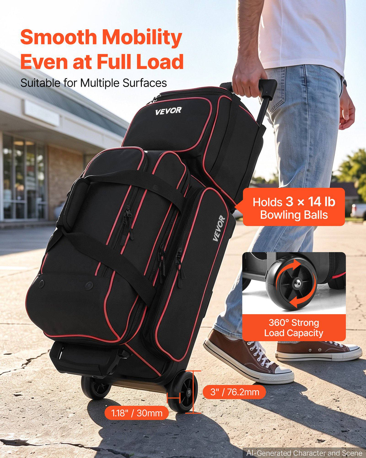 3 Ball Bowling Bag Double Roller Bag with Separate Shoe Compartment, for Bowling Shoes (Up To US Men Size 16), Rolling Ball Bag w/ Wheel, Accessory Pocket, Retractable Handle Extends to 40 in