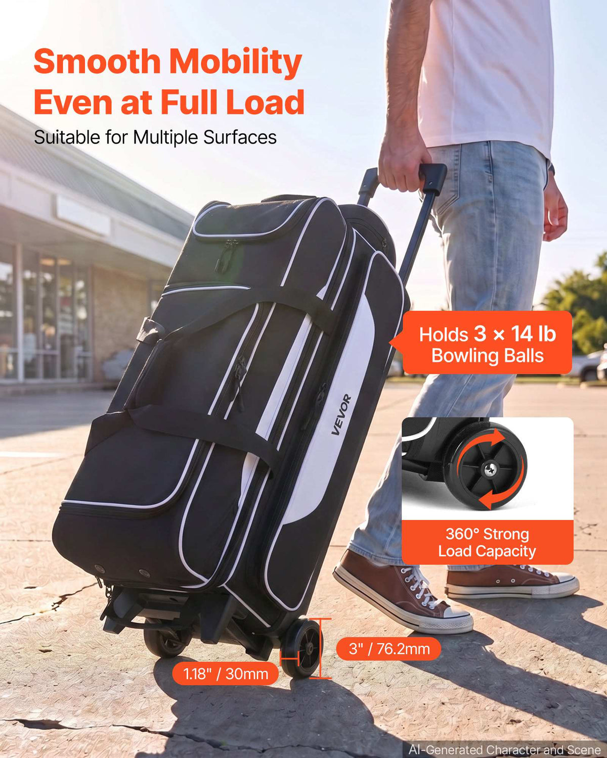 3 Ball Bowling Bag Double Roller Bag with Separate Shoe Compartment, for Bowling Shoes (Up To US Men Size 16), Rolling Ball Bag w/ Wheel, Accessory Pocket, Retractable Handle Extends to 40 in