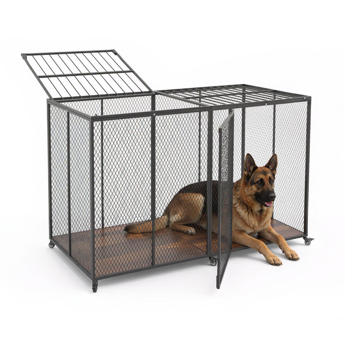 64 Inch Heavy Duty Dog Crate, Max Load Capacity 300 lbs, Indestructible Escape-Proof Dog Kennel Indoor for High Anxiety Large Breeds, Steel Metal Pet Cage with Double Doors & Lockable Wheels