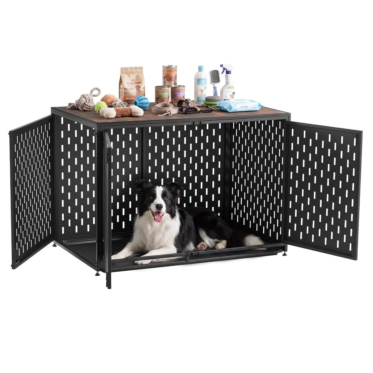 Dog Crate Furniture, 42 Inch Heavy Duty Dog Kennel Furniture Indoor for Small & Medium Dogs, Steel Decorative Pet Cage House End Table with 3 Doors, Detachable Tray & Escape-Proof Locks, Black