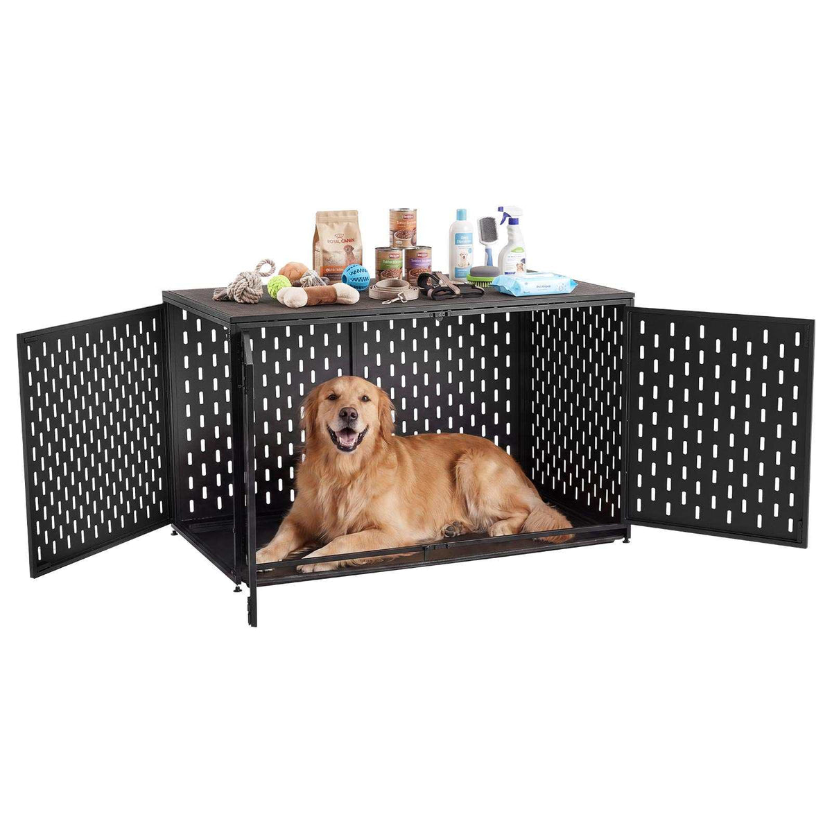 Dog Crate Furniture, 48 Inch Heavy Duty Dog Kennel Furniture Indoor for Large Dogs, Sturdy Steel Decorative Pet Cage House End Table with 3 Doors, Detachable Tray & Escape-Proof Locks, Black