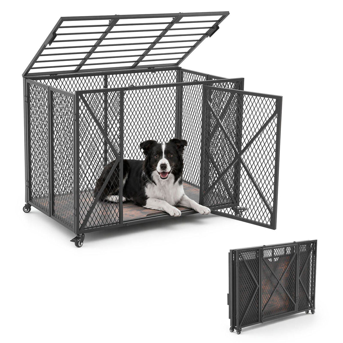 38 Inch Heavy Duty Dog Crate, Max Load 250 lbs, Foldable Indestructible Escape-Proof Dog Kennel Indoor for High Anxiety Small & Medium Breeds, Steel Pet Cage with Double Doors & Lockable Wheels