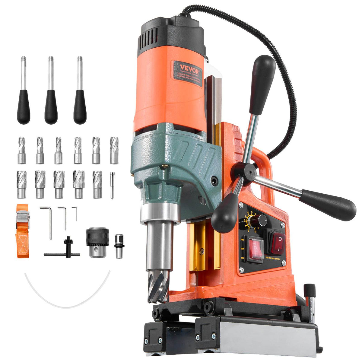 Magnetic Drill Press, 1400 W, 2 inch Boring Diameter, 0-750 RPM Speed, Reversible Direction, Mag Drill Press with 11 Core Bits, Electric Drilling Machine for Industrial and Home Improvement