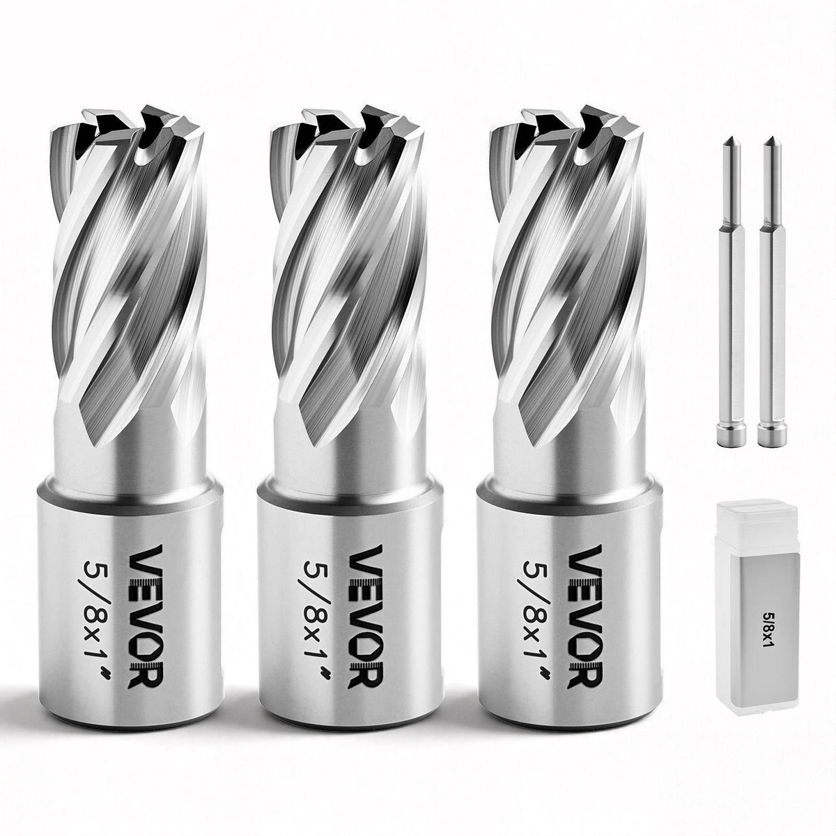 Annular Cutter Set, 5 pcs Weldon Shank Mag Drill Bits Kit, 1" Cutting Depth, 5/8" Cutting Diameter, HSS, 3 Drill Bits with 2 Pilot Pins and 3 Plastic Cases, for Magnetic Drills, Steel, Aluminum