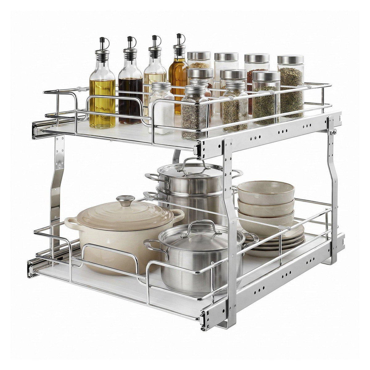 2 Tier Pull Out Cabinet Organizer 16.97"W x 21.22"D Slide Out Drawers, for Kitchen Bathroom Pantry Organization, Chrome-Plated Finish, Heavy Duty Steel Storage Sliding Shelves for Base Cabinets