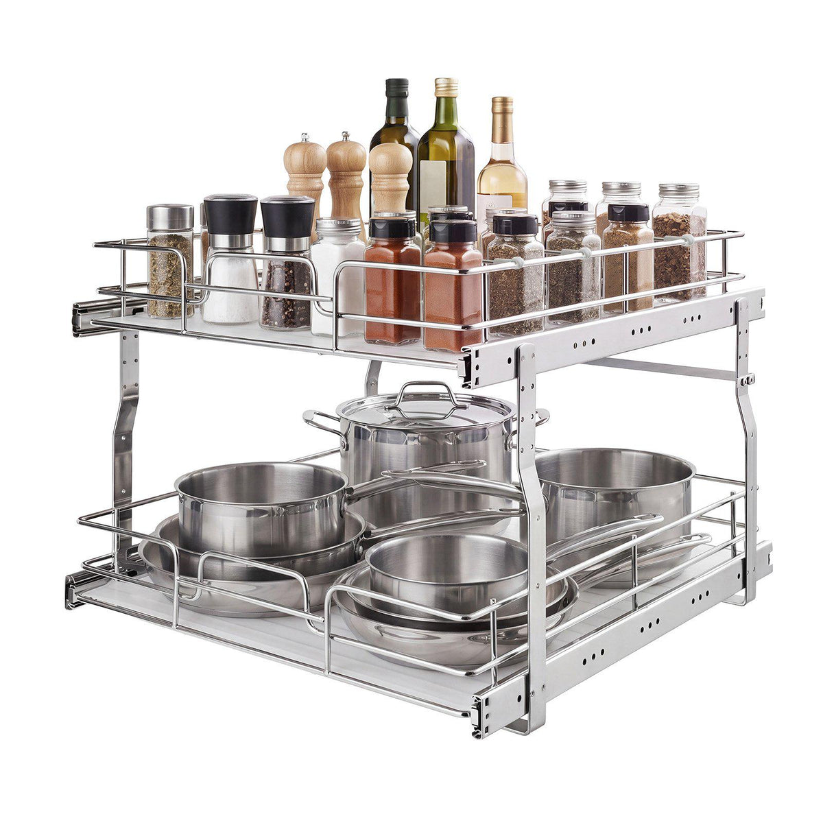 2 Tier Pull Out Cabinet Organizer 20"W x 21.22"D Slide Out Drawers, for Kitchen Bathroom Pantry Organization, Chrome-Plated Finish, Heavy Duty Steel Storage Sliding Shelves for Base Cabinets