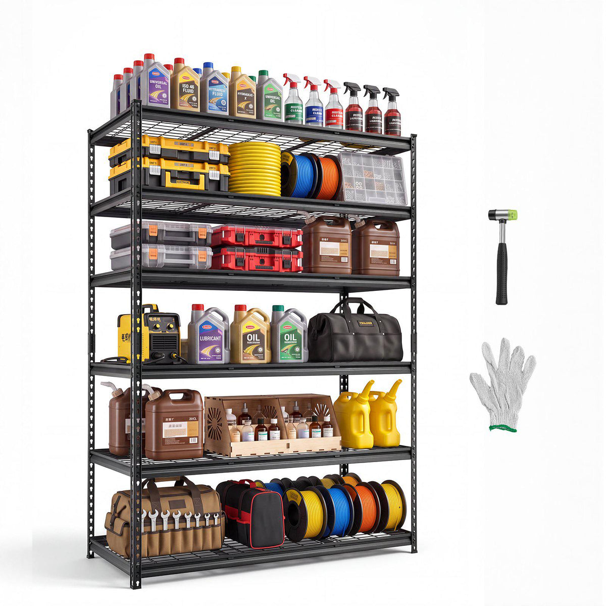 Storage Shelves, 6-Tier 3600 lbs Garage Shelving 55 x 24 x 77 in, for Garage, Basement, Warehouse, Kitchen, Heavy-Duty Metal Stable Construction, Adjustable Wire Racks, with Gloves, Black