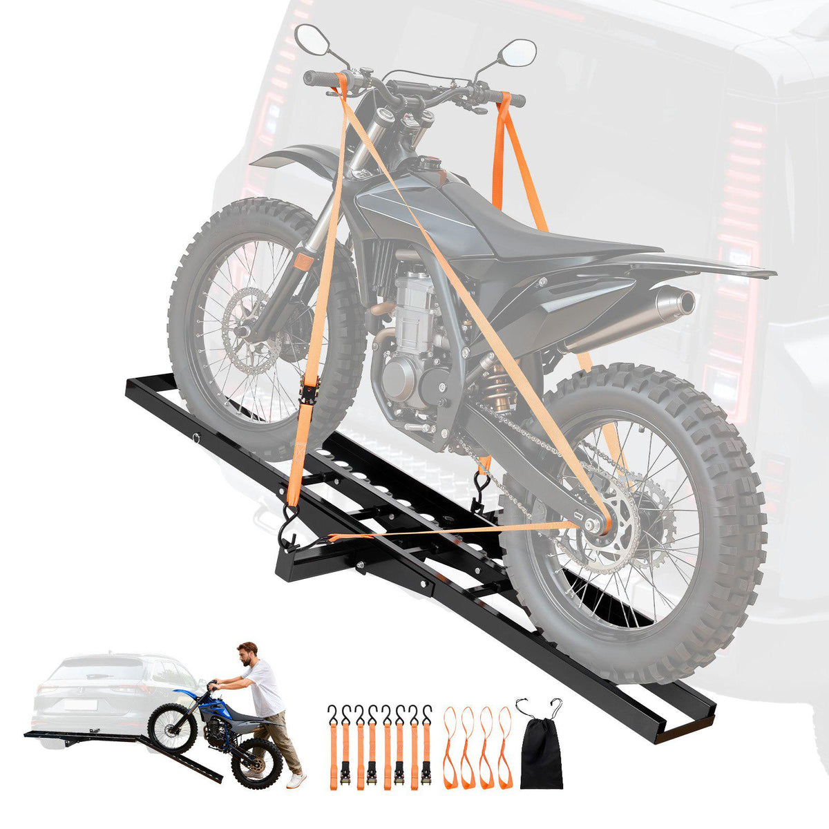 Motorcycle Carrier, 500 lbs Capacity, Heavy Duty Steel Hitch Mount Rack with 47in Ramp, Ratchet Straps & Stabilizer, Scooter Dirt Bike Trailer Hauler for Car Truck with 2-Inch Hitch Receiver