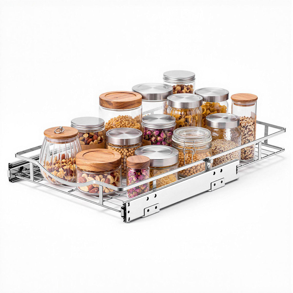 Pull Out Cabinet Organizer 14.06"W x 20.94"D Steel Slide Out Drawers, for Kitchen Bathroom Pantry Home Organization, Chrome-Plated Finish, Heavy Duty Storage Sliding Shelves for Base Cabinets