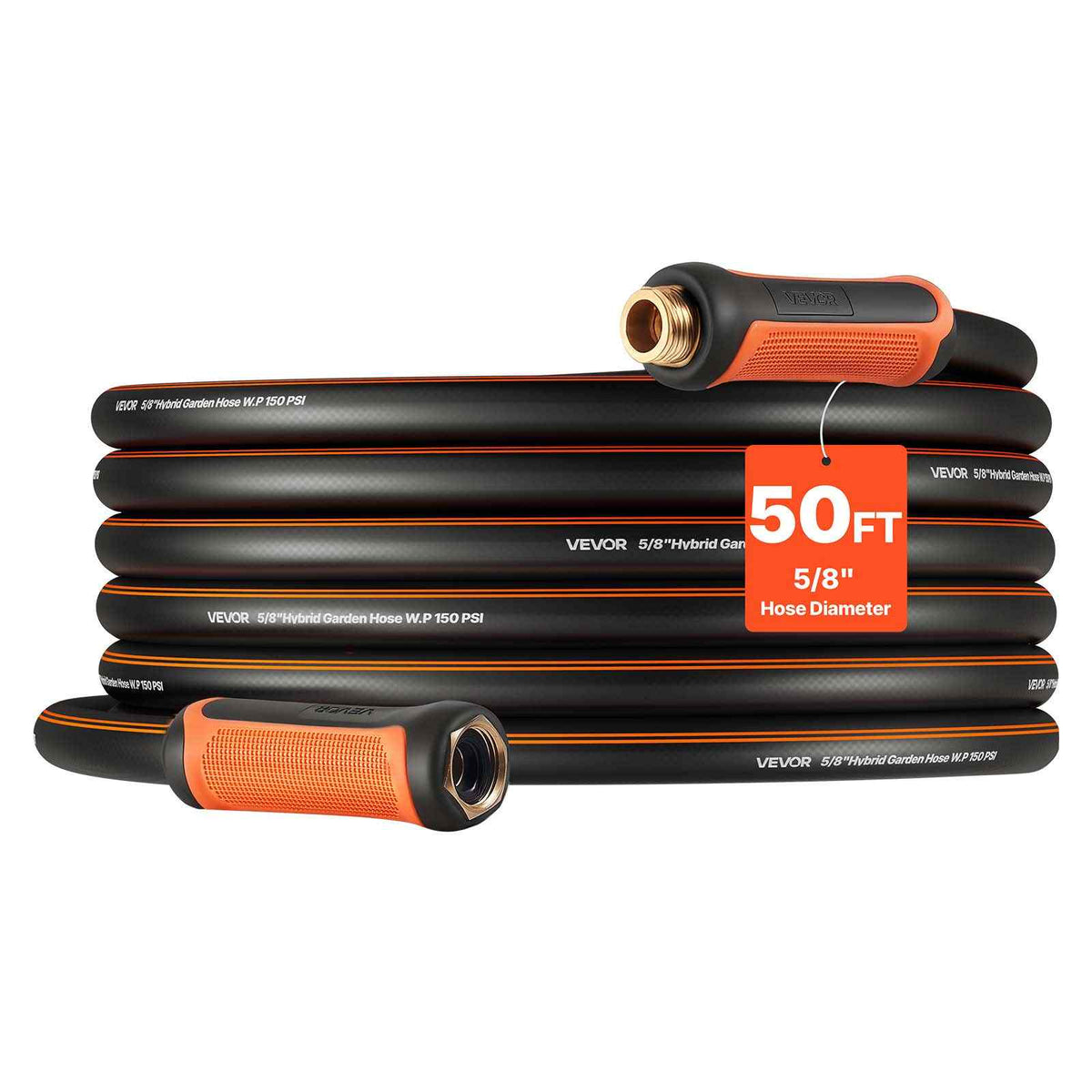 Garden Hose, 50 ft 5/8" Heavy Duty 4-Layer Rubber Water Hose, 150PSI Working & 600PSI Burst, Flexible & Non-kink Outdoor Waterhose with 3/4" Fitting, Lightweight Hoses for Gardening Cleaning