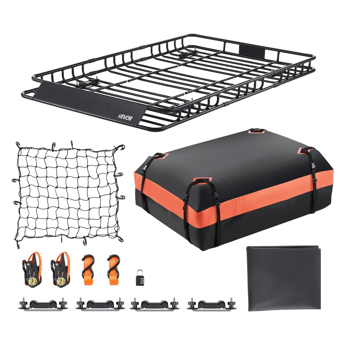 Roof Rack Basket, 64 x 39 x 4.1 in, Universal Rooftop Cargo Carrier with 44.1 x 34.3 x 10.2 in Cargo Bag, Net, Ratchet Straps, 250 lbs Max Load Capacity Car Top Luggage Holder, for SUV Truck Car