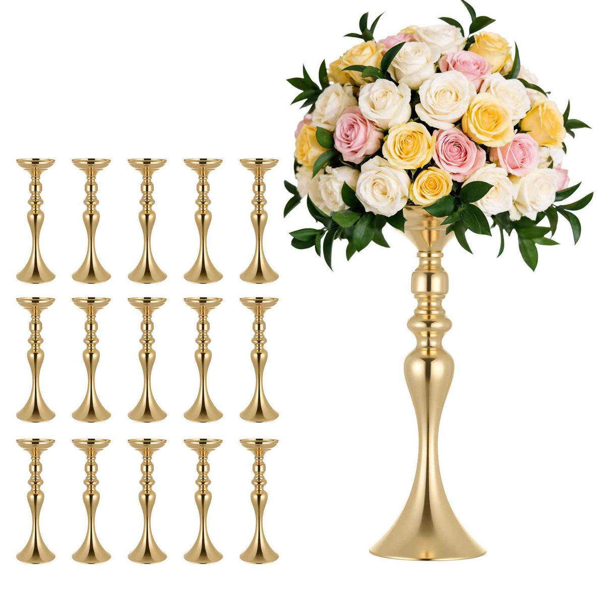 16 PCS Wedding Flower Vase, 15 in Tall Flower Table Centerpieces, Crystal Banquet Vases Easy Installation, Electroplated Versatile Arrangement Stand for Party Events Home Decor Reception, Gold