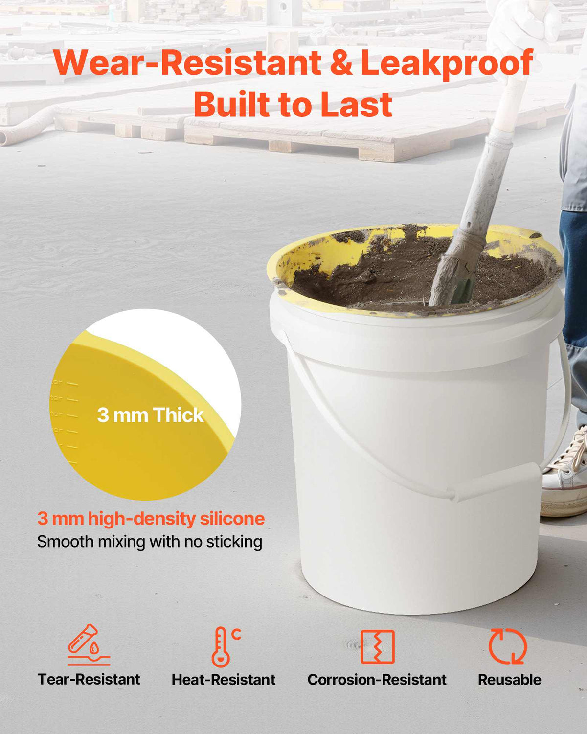 2 Pcs 5 Gallon Bucket Liner for Concrete Mix, Reusable Silicone Mortar Bucket Liner for Thinset Paint Concrete Epoxy Mixing, Heavy-duty Grout Mixer Insert with Measurements, Blue & Yellow
