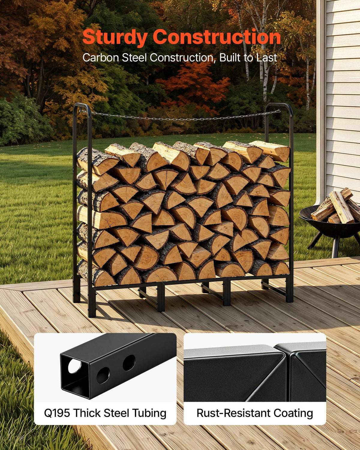 Firewood Rack 4ft 1/4 Cord Heavy Duty Outdoor Wood Storage Holder, for Fireplace Patio Deck, 550 lbs Load Capacity, Carbon Steel Frame Fire Log Stacker Stand, Metal Wood Pile Organizer, Black