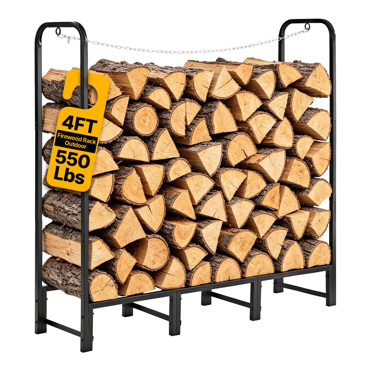 Firewood Rack 4ft 1/4 Cord Heavy Duty Outdoor Wood Storage Holder, for Fireplace Patio Deck, 550 lbs Load Capacity, Carbon Steel Frame Fire Log Stacker Stand, Metal Wood Pile Organizer, Black