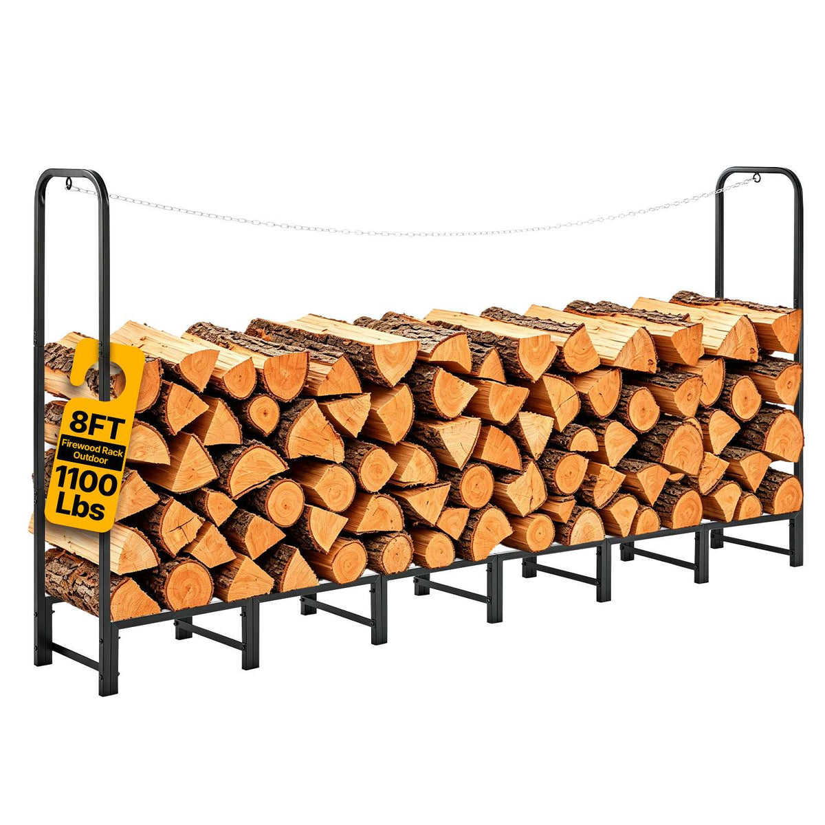 Firewood Rack 8ft 1/2 Cord Heavy Duty Outdoor Wood Storage Holder, for Fireplace Patio Deck, 1100 lbs Load Capacity, Carbon Steel Frame Fire Log Stacker Stand, Metal Wood Pile Organizer, Black